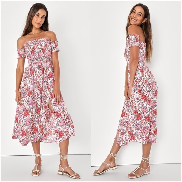Lulus Dresses & Skirts - LULU’S View From The Meadow Cream Floral Print Off The Shoulder Dress